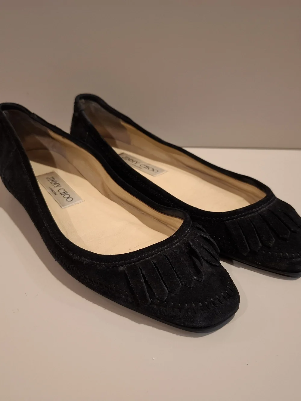 Jimmy Choo Black Suede Fringed Ballet Flats